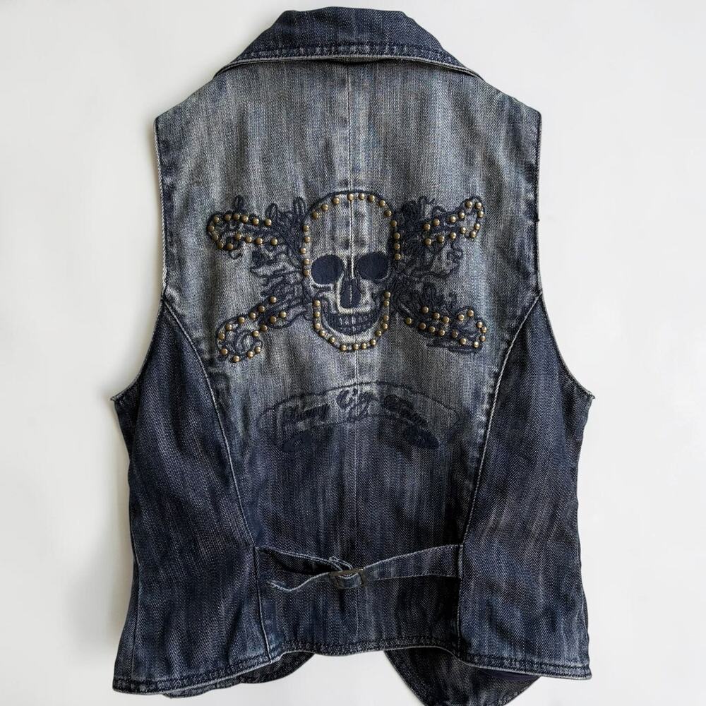 N+Vy Studded Skull &amp; Crossbones Denim Vest — Y2K Biker, Tag T2 (Women's S/M)